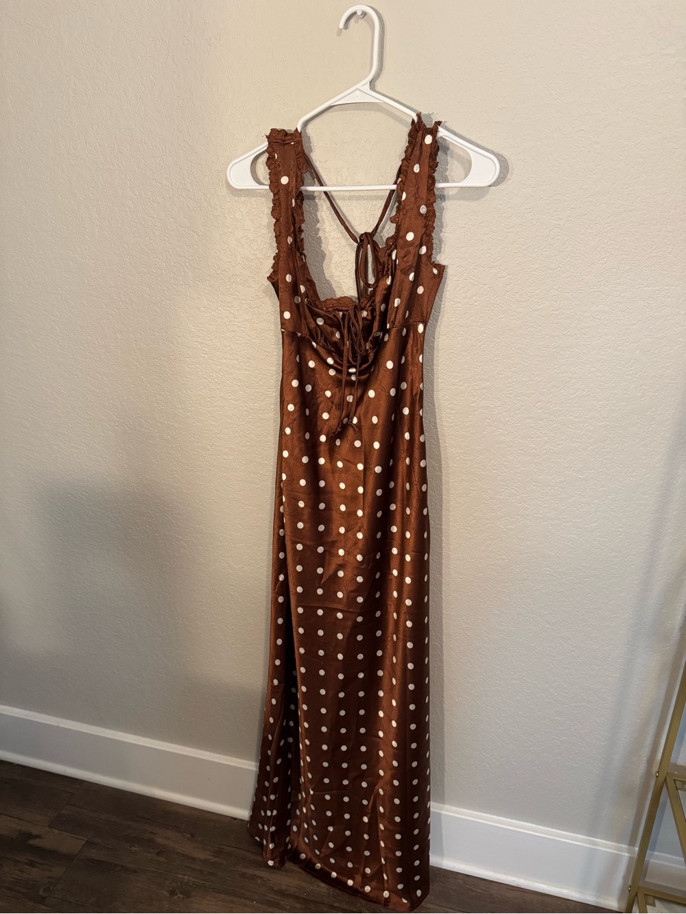 Brown Polka Dot Maxi Dress with Ruffle Straps